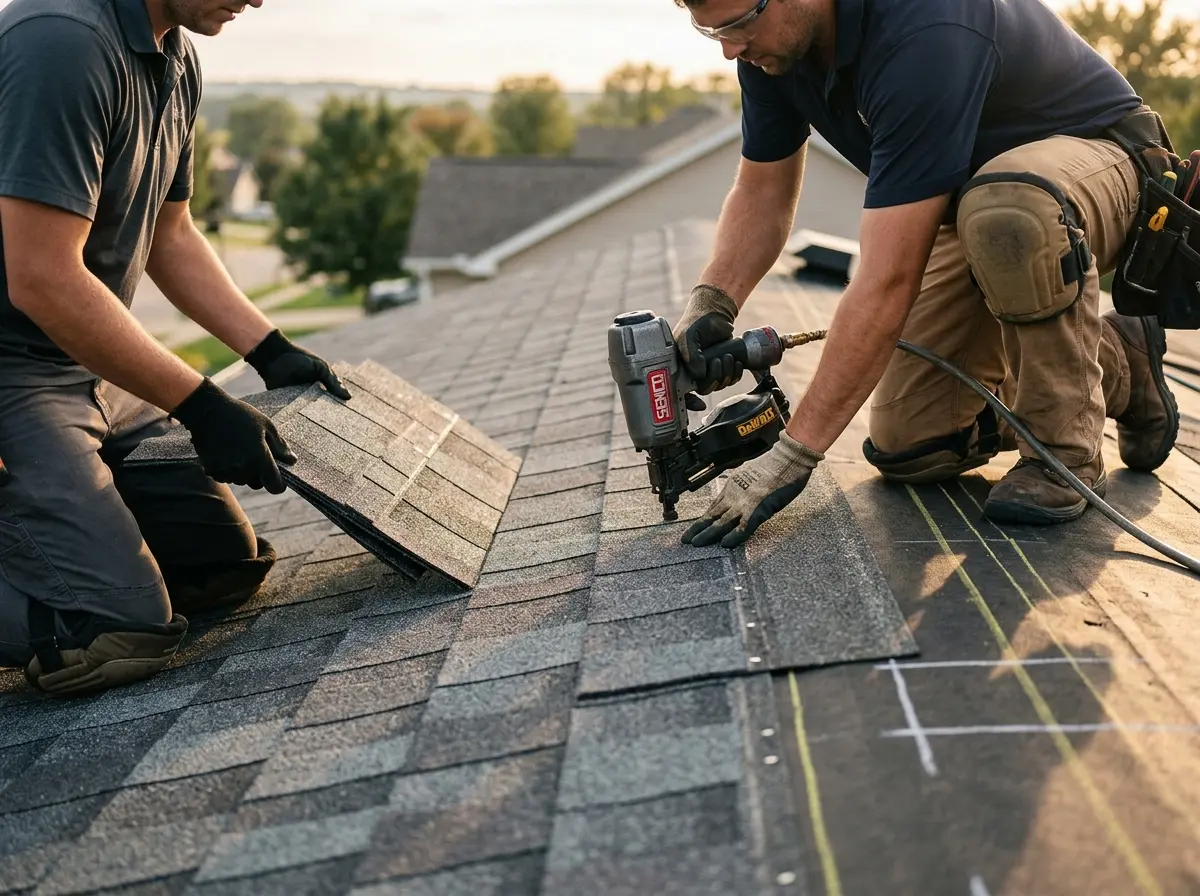 Professional roofer working on a residential roof in Stockbridge